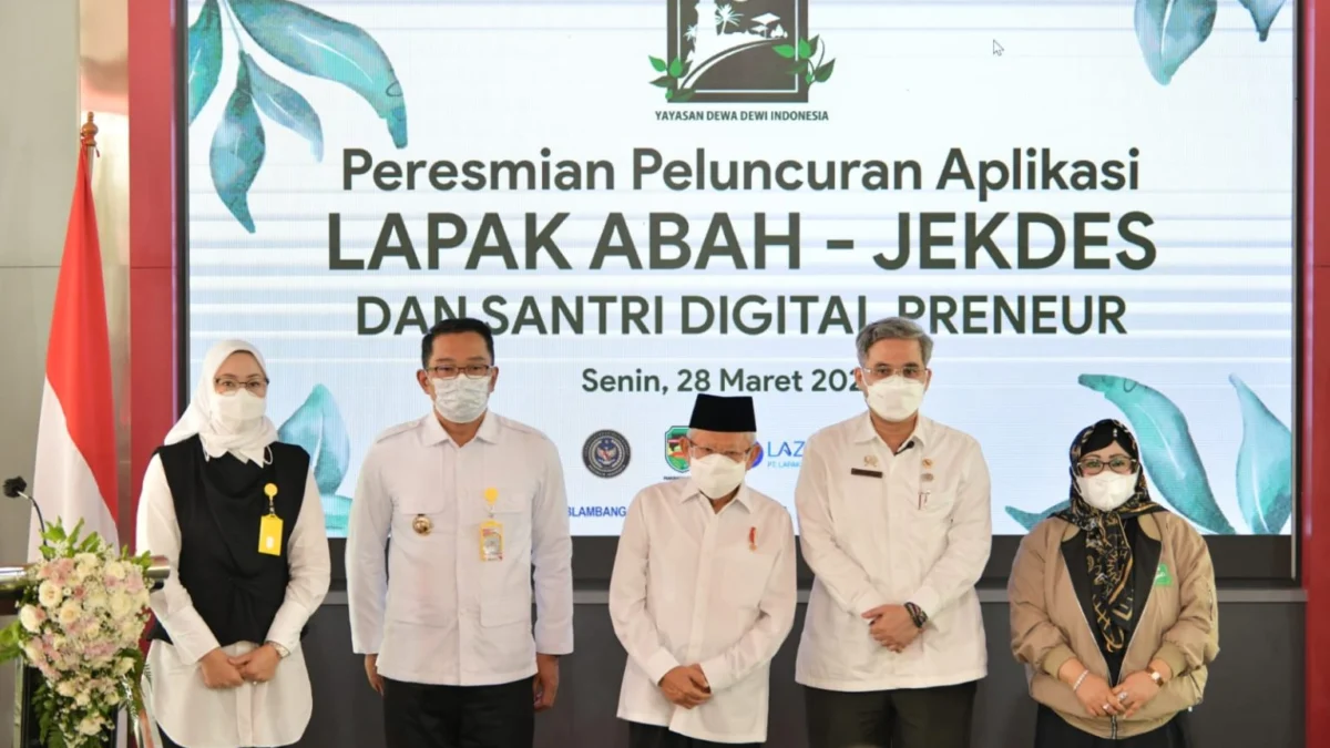 Gubernur Jawa Barat Ridwan Kamil memberikan sambutan dalam acara Peluncuran Aplikasi Lapak Abah - Objek Desa dan Santri Digital Preneur Bersama Wakil Presiden Republik Indonesia di Pendopo Purwakarta, Kab Purwakarta, Senin (28/3/2022). (Rizal FS/Biro Adpim Jabar)