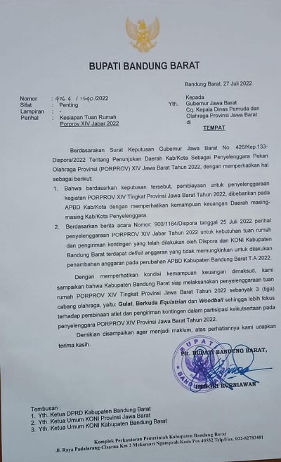 BREAKING NEWS! Kabupaten Bandung Barat Mundur jadi Tuan Rumah Porprov XIV 2022