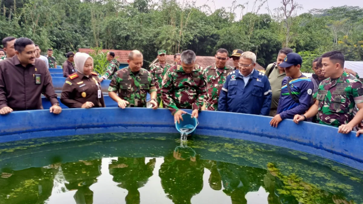 ADAM SUMARTO/PASUNDAN EKSPRES TEBAR BENIH: Pangdam III/Siliwangi Mayjen TNI Kunto Arief Wibowo melakukan tebar benih lele di kolam bioflok yang telah dituangkan cairan BIOS 44 DC.
